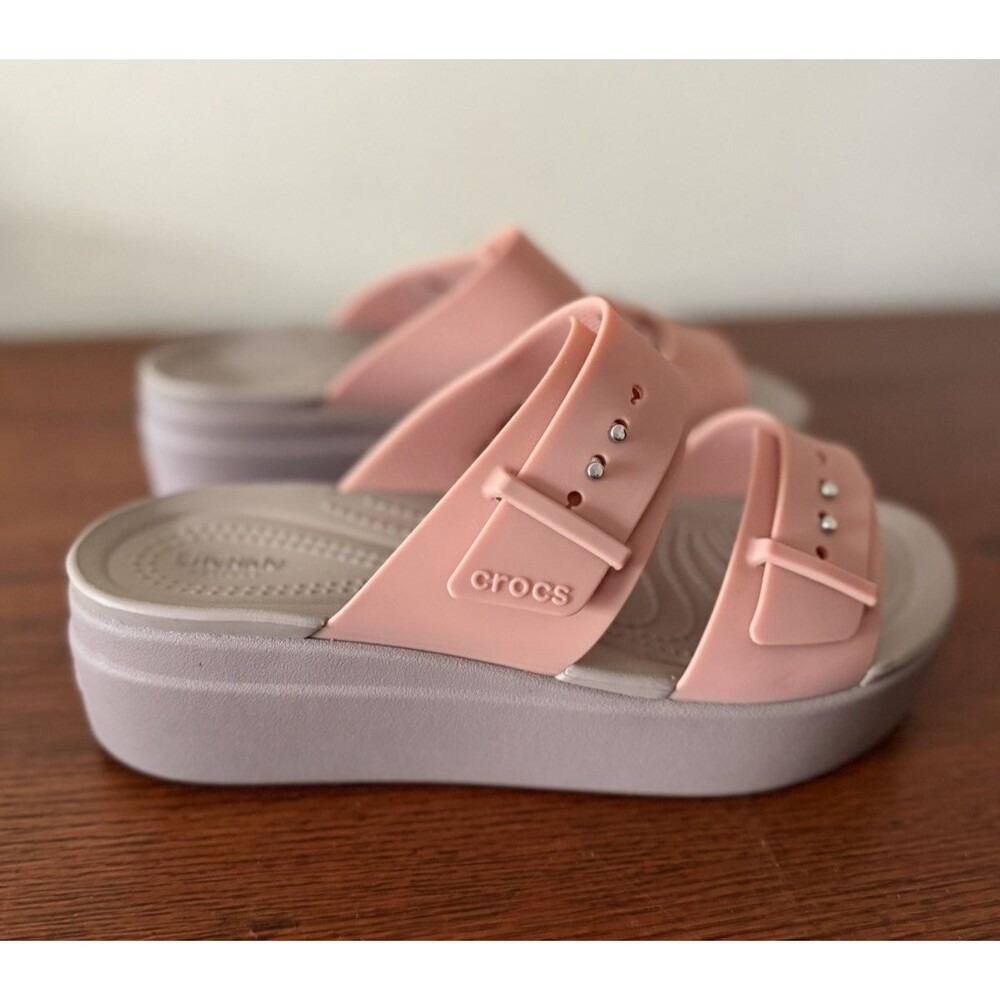 Crocs Brooklyn Buckle Low Wedge Sandal Women's Sz 8M Coral Two Adjustable Strap